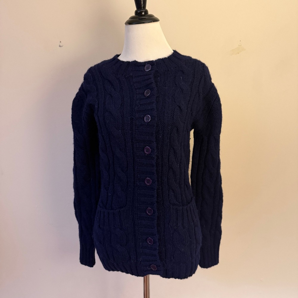 Vintage 60s 70s Aston‎ Shetland Wool Hand Framed Cable Knit Cardigan Navy XS S